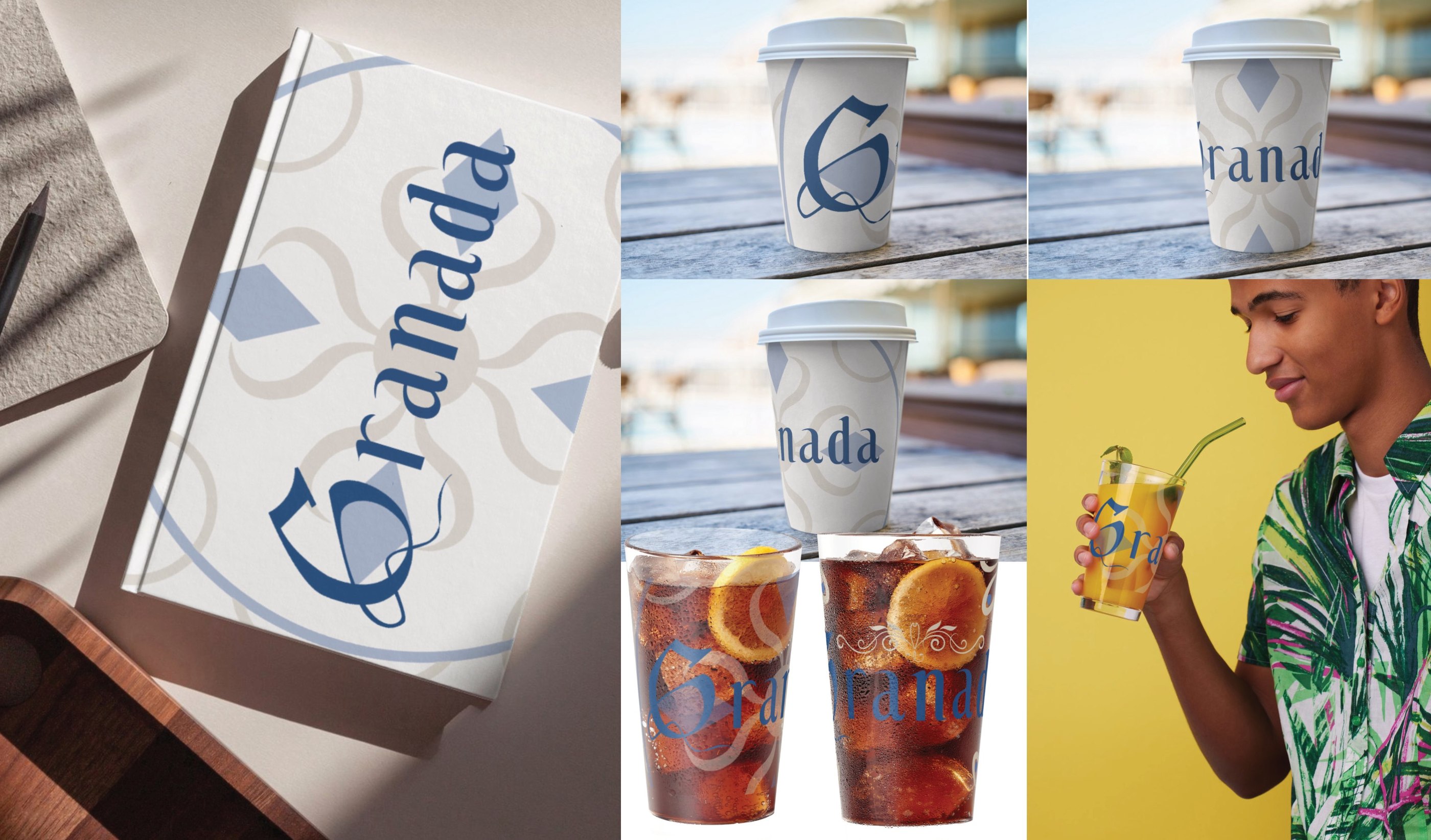 Packaging and drinks with the word Granada and a large G: a box, paper cups and iced tea glasses.