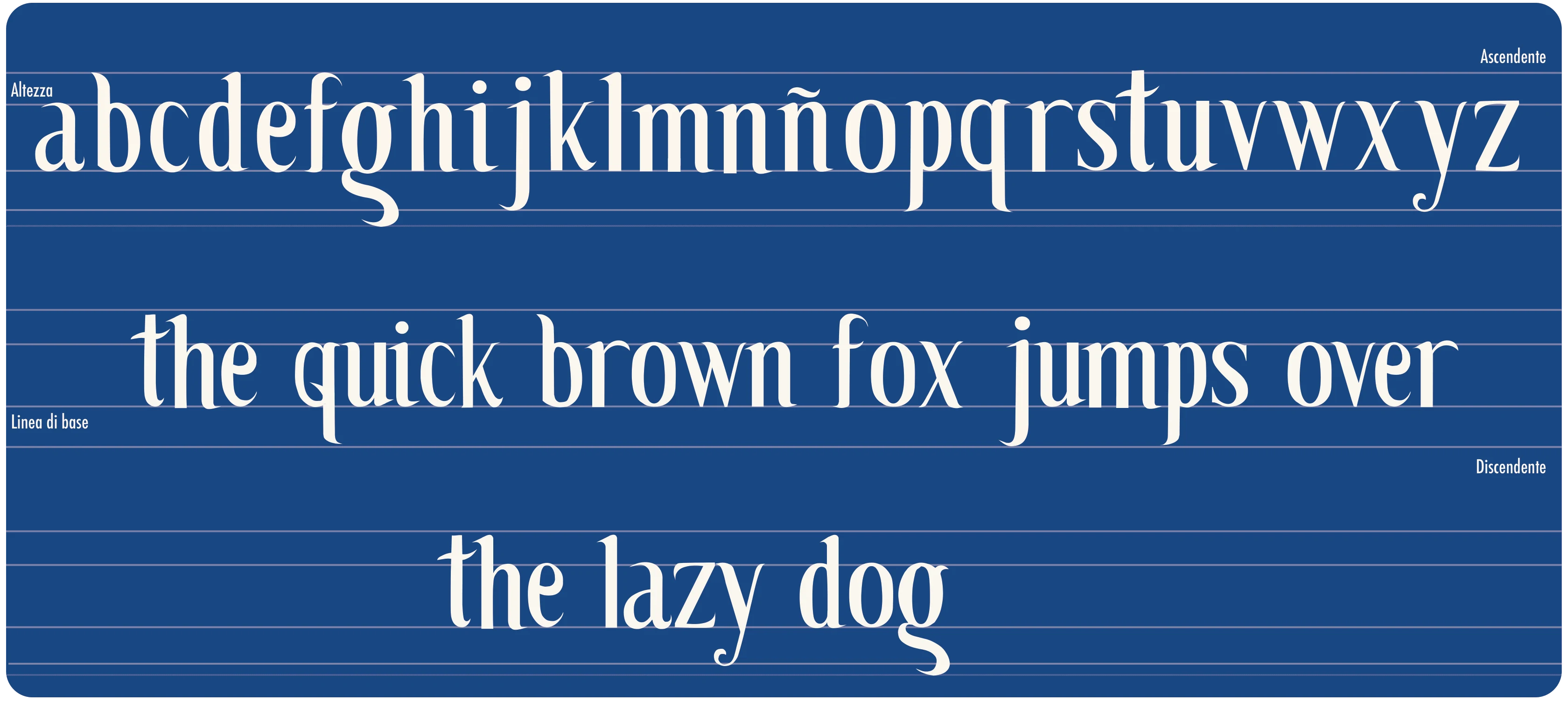 Specimen on a blue background: the lowercase alphabet with ñ and the sentence the quick brown fox jumps over the lazy dog, with guide lines for x-height, baseline, ascenders and descenders.