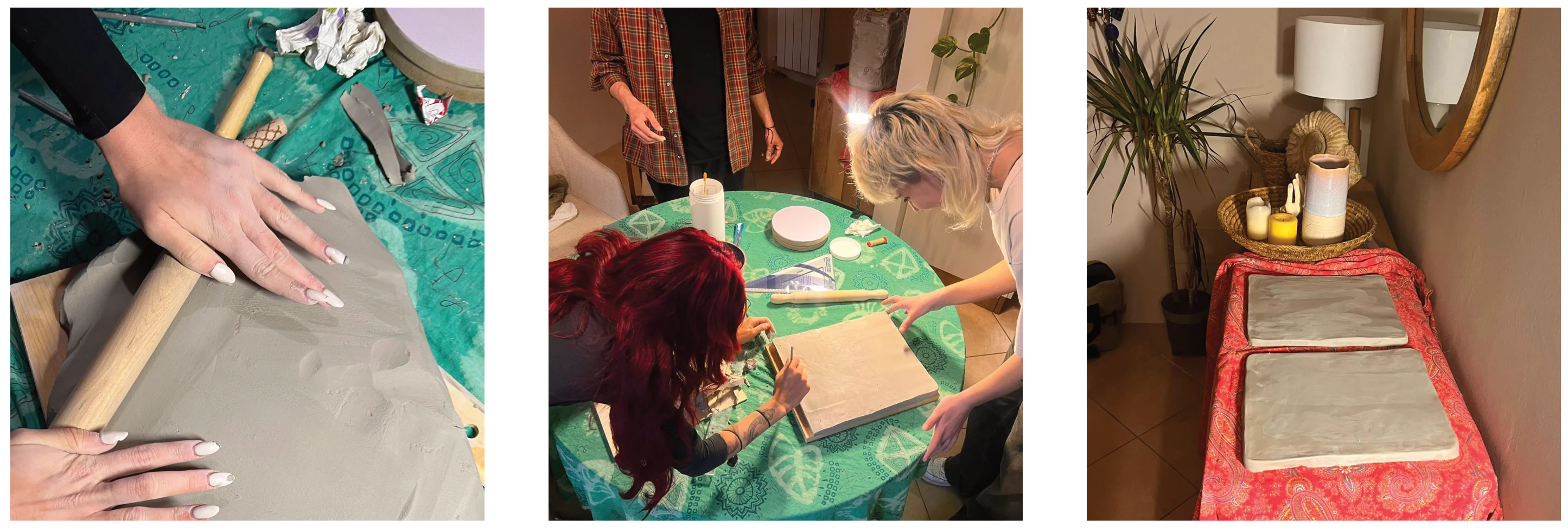 Three photographs of the workshop: hands rolling out white clay, people working at a green table, two clay tiles drying on a red cloth.