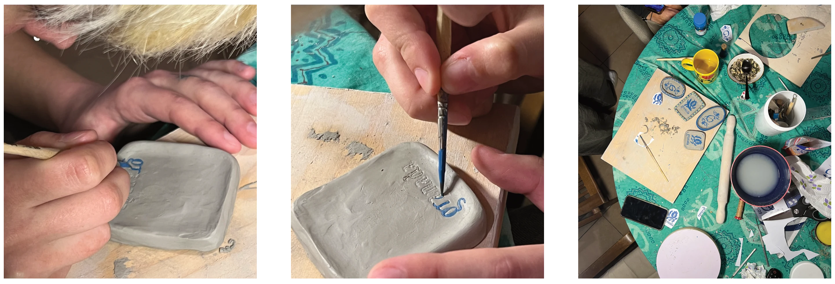 Three close-ups: fingers pressing clay, a brush painting letters in blue on a small clay tile, and a table with paints and finished magnets.