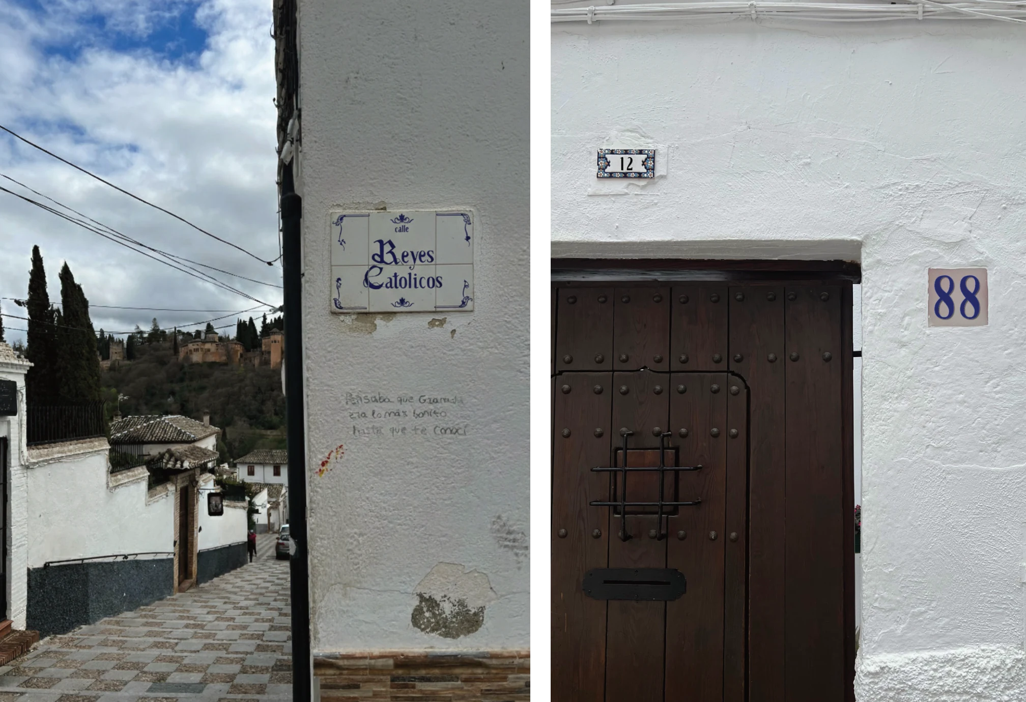Two photographs of white walls in Granada with the new ceramic signs: the street sign Reyes Católicos on a corner above a sloping street, and the house numbers 12 and 88 beside a dark wooden door.