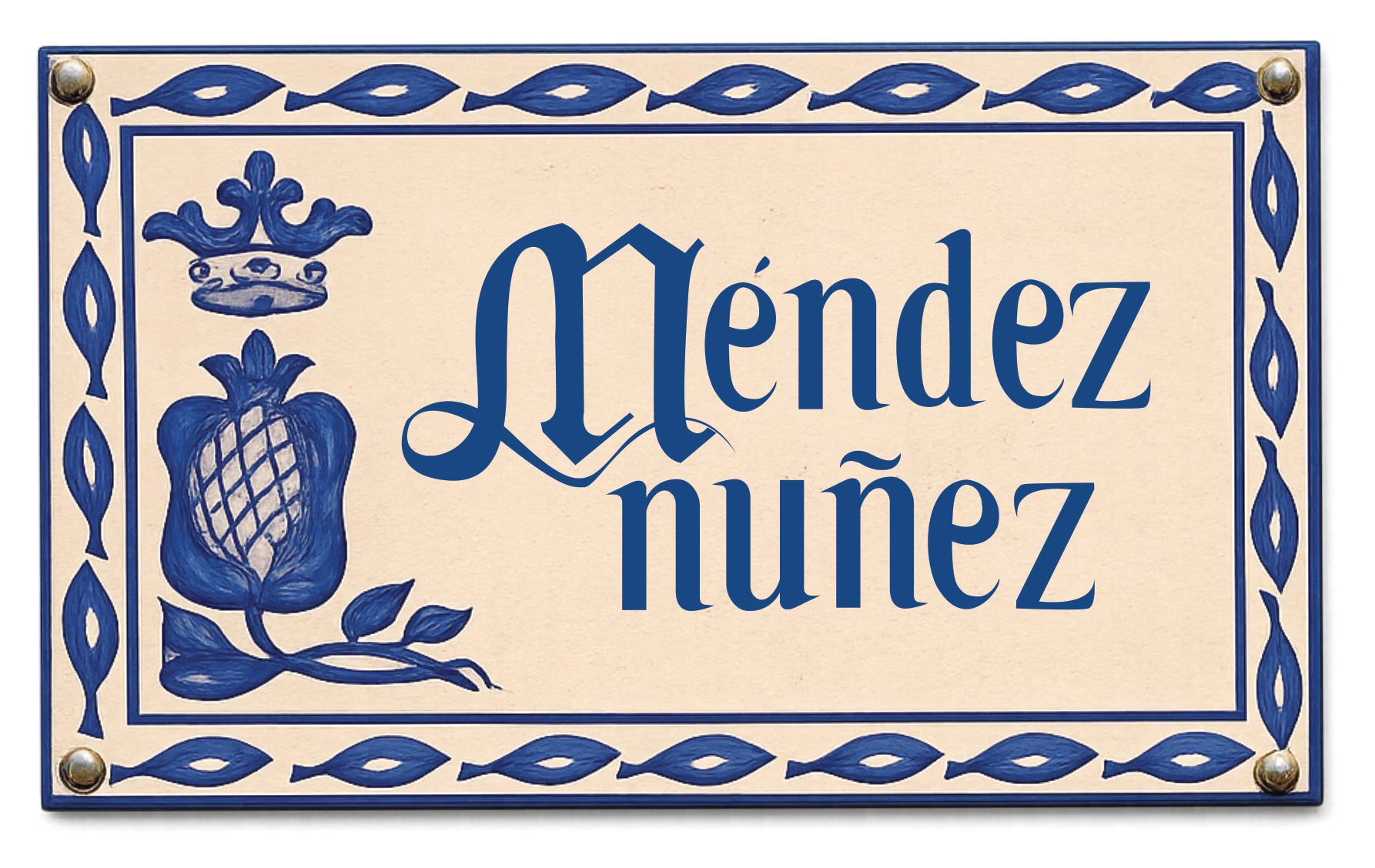 A Granada street sign redrawn with the typeface: blue and cream ceramic, a crowned pomegranate on the left and the street name Méndez nuñez, with a gothic drop cap M.
