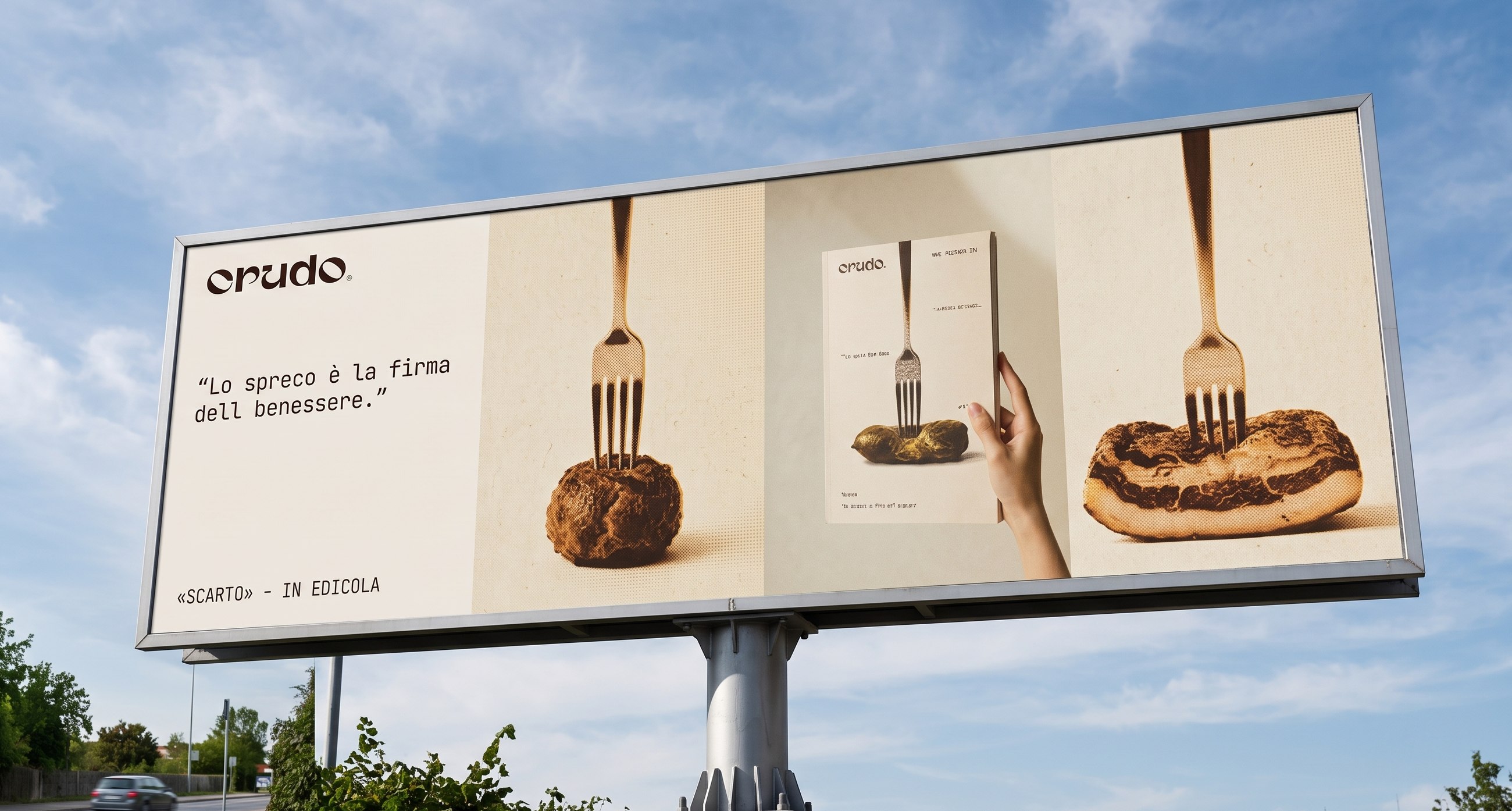 A 6 by 3 metre roadside billboard for crudo.: the claim Lo spreco è la firma del benessere on the left, and three still lifes on the right, each with a fork stuck in from above: a meatball, the magazine held in a hand, a piece of pork rind.