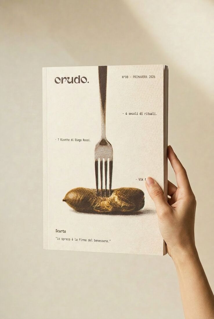 A hand holding issue 00 of crudo. magazine. The cover shows a fork pinning down a piece of bread crust, under the word Scarto.
