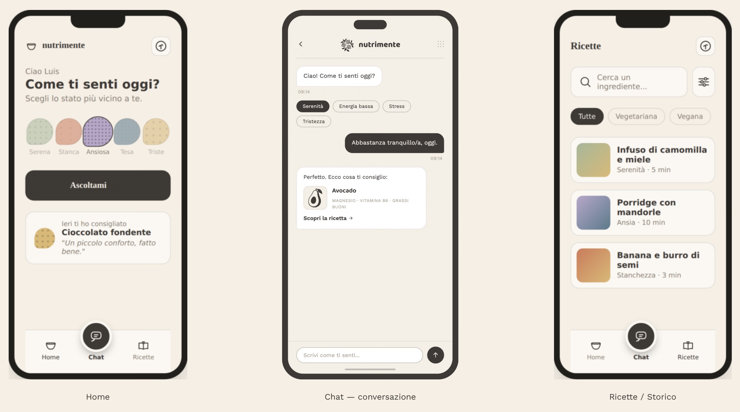 Three app screens: the home with the question Come ti senti oggi? and five mood circles, a chat where the app suggests avocado, and the recipes list.