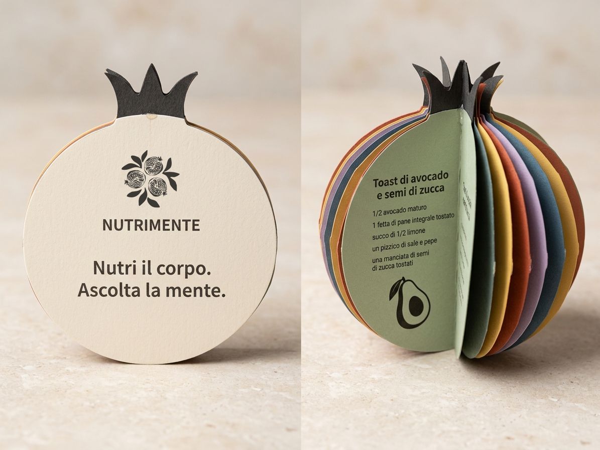 The pomegranate leaflet photographed closed, showing the cover, and open, with its coloured sections fanned out around the spine.