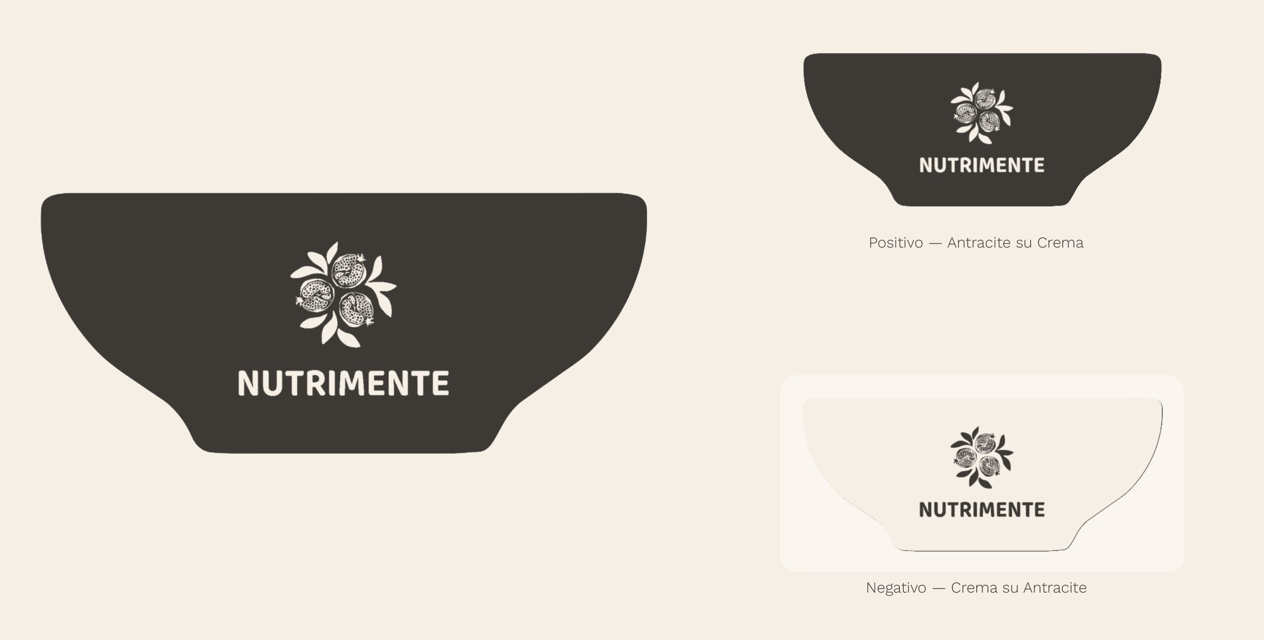 The NUTRIMENTE logo: a dark bowl with three pomegranates in negative and the name, in a large version and in positive and negative.
