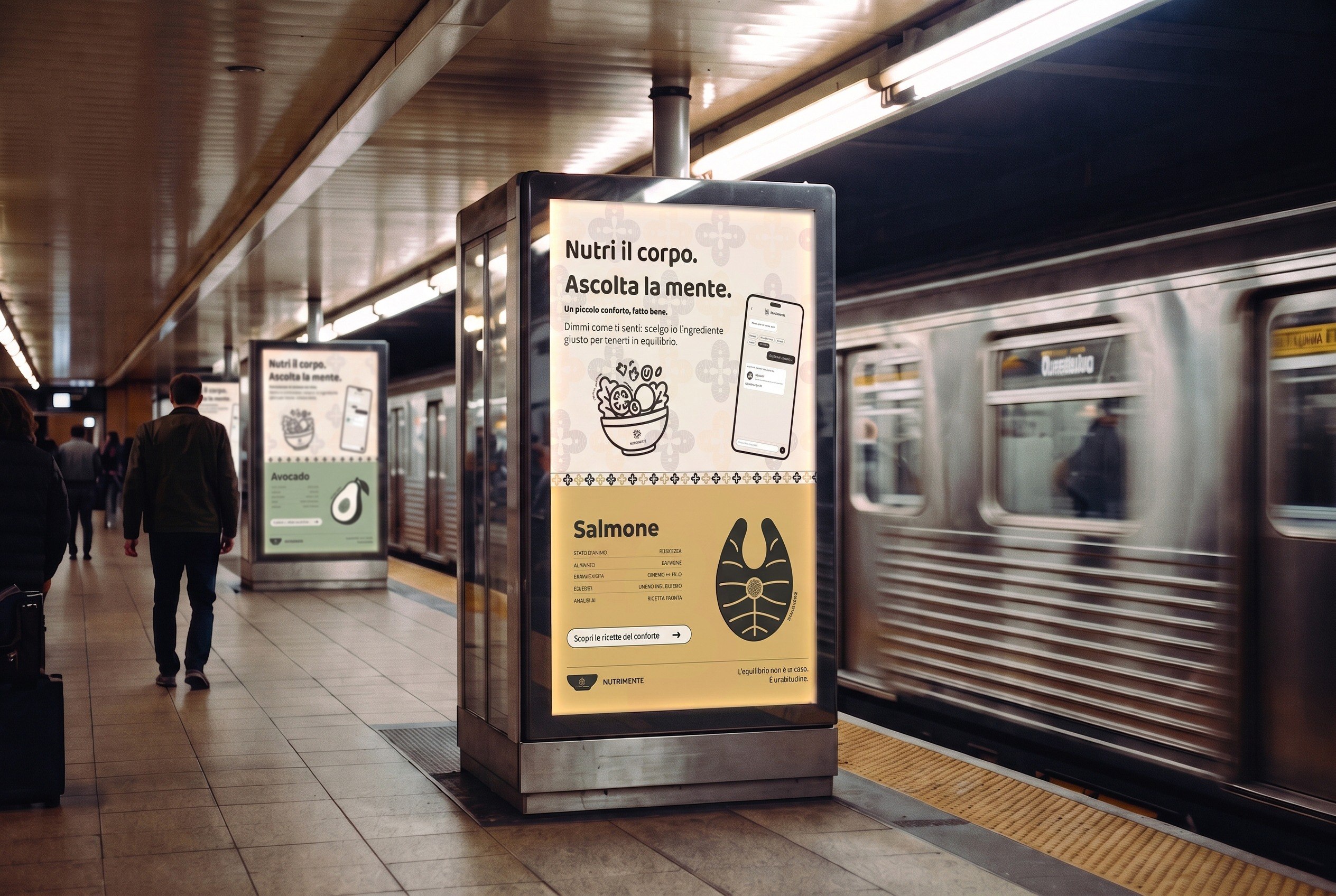 A metro platform with a backlit NUTRIMENTE poster: the payoff Nutri il corpo. Ascolta la mente., a phone with the app, and the salmon card for sadness, while a train passes behind.