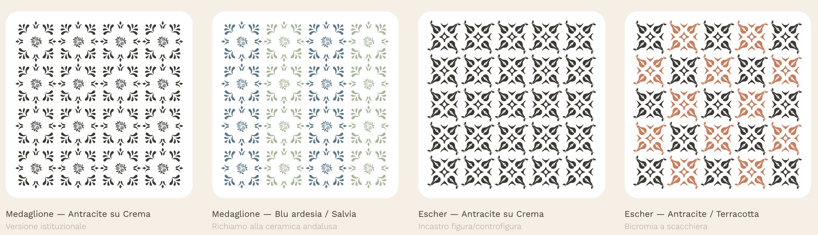 Four patterns: the medallion in anthracite on cream, the medallion in slate blue and sage, an Escher-like tessellation in anthracite, and the same in anthracite and terracotta.