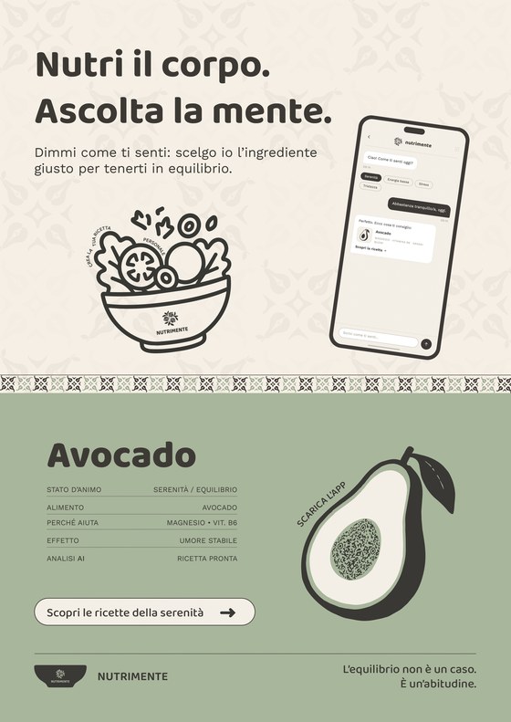 Poster Avocado · Serenity: the payoff Nutri il corpo. Ascolta la mente., a bowl, a phone with the app, and the food drawn on sage, with the line «Dimmi come ti senti: scelgo io l'ingrediente giusto per tenerti in equilibrio.»