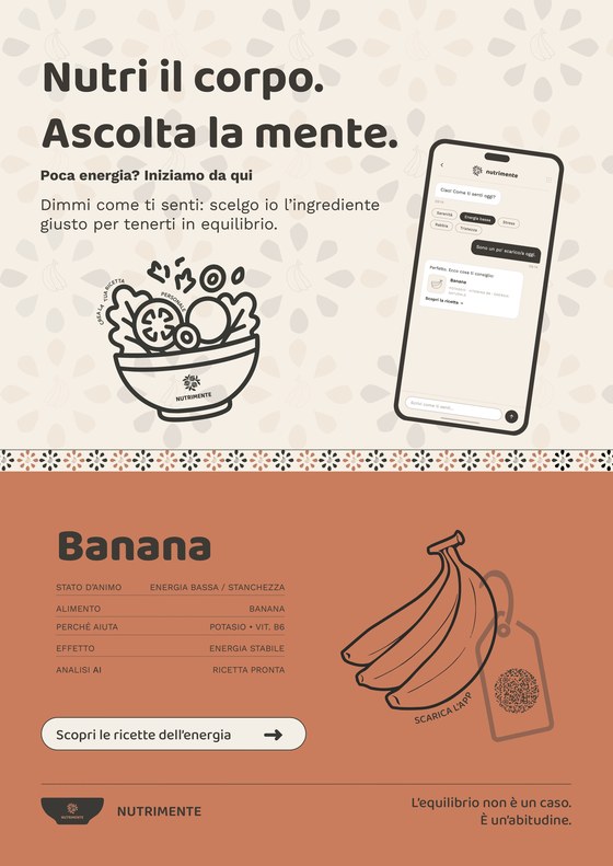 Poster Banana · Low energy: the payoff Nutri il corpo. Ascolta la mente., a bowl, a phone with the app, and the food drawn on terracotta, with the line «Poca energia? Iniziamo da qui.»