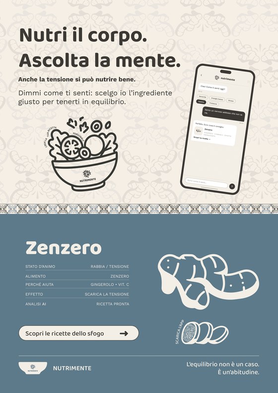 Poster Ginger · Anger: the payoff Nutri il corpo. Ascolta la mente., a bowl, a phone with the app, and the food drawn on slate blue, with the line «Anche la tensione si può nutrire bene.»