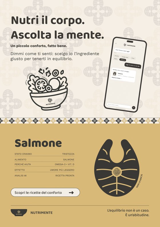 Poster Salmon · Sadness: the payoff Nutri il corpo. Ascolta la mente., a bowl, a phone with the app, and the food drawn on honey, with the line «Un piccolo conforto, fatto bene.»