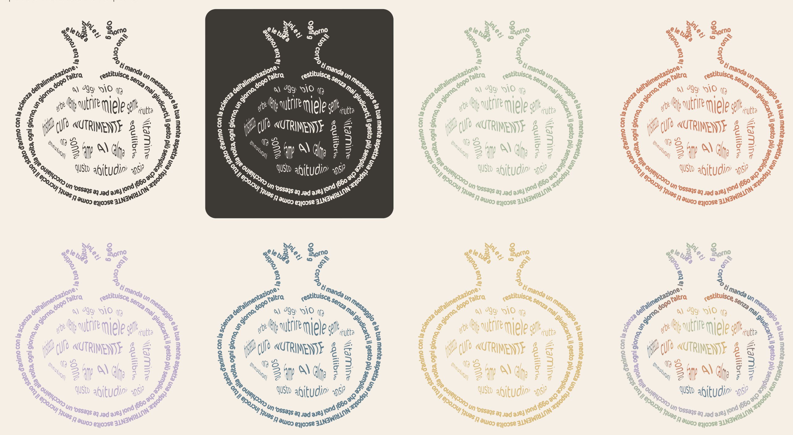 The word nutrimente composed in a spiral in the shape of a pomegranate, in positive, negative and in the five mood colours.
