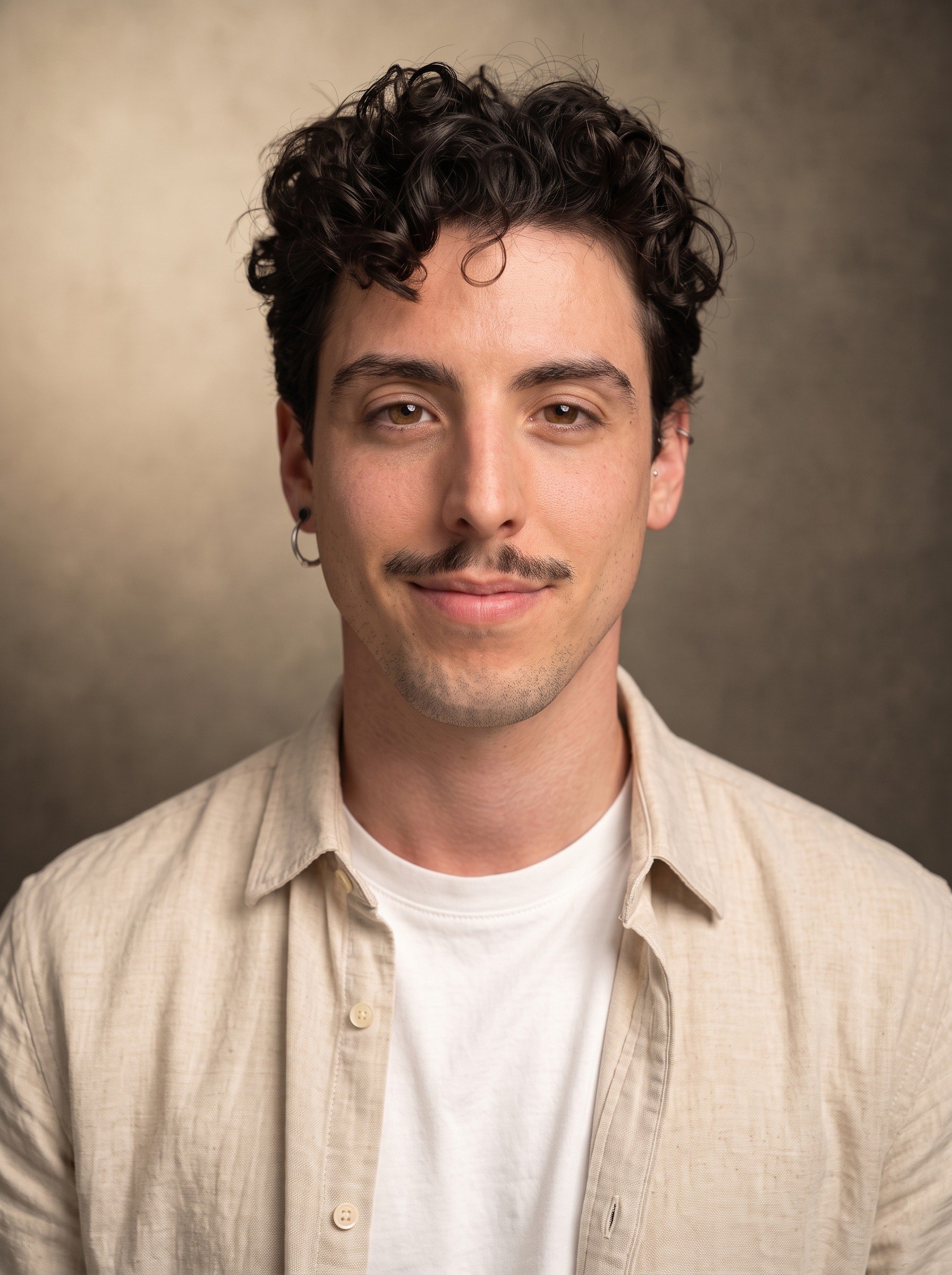 Portrait of Luis: curly dark hair, a light linen shirt over a white T-shirt, against a warm brown background.