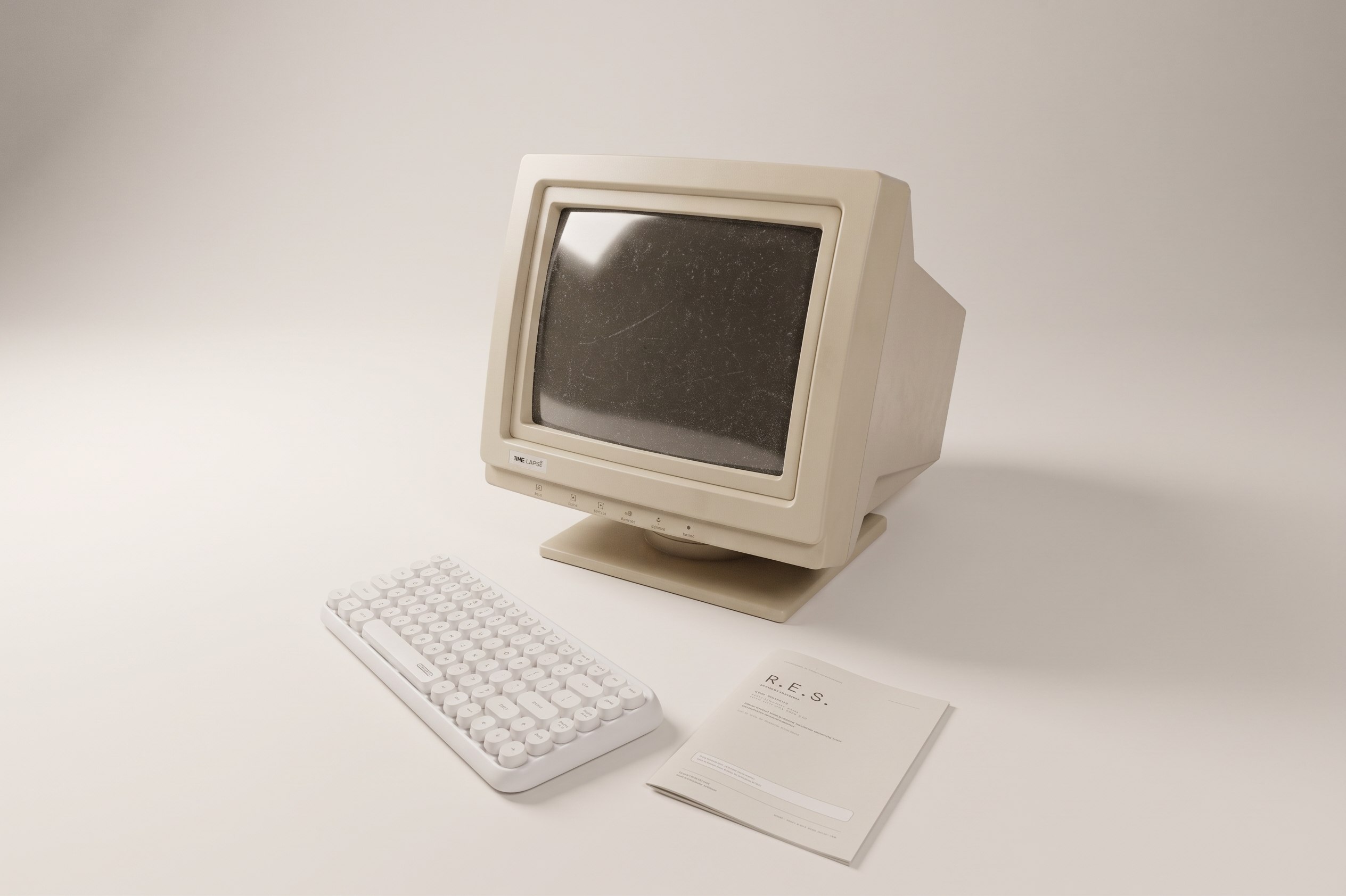 The R.E.S. installation: a cream vintage computer with keyboard and a small booklet, on a light background.
