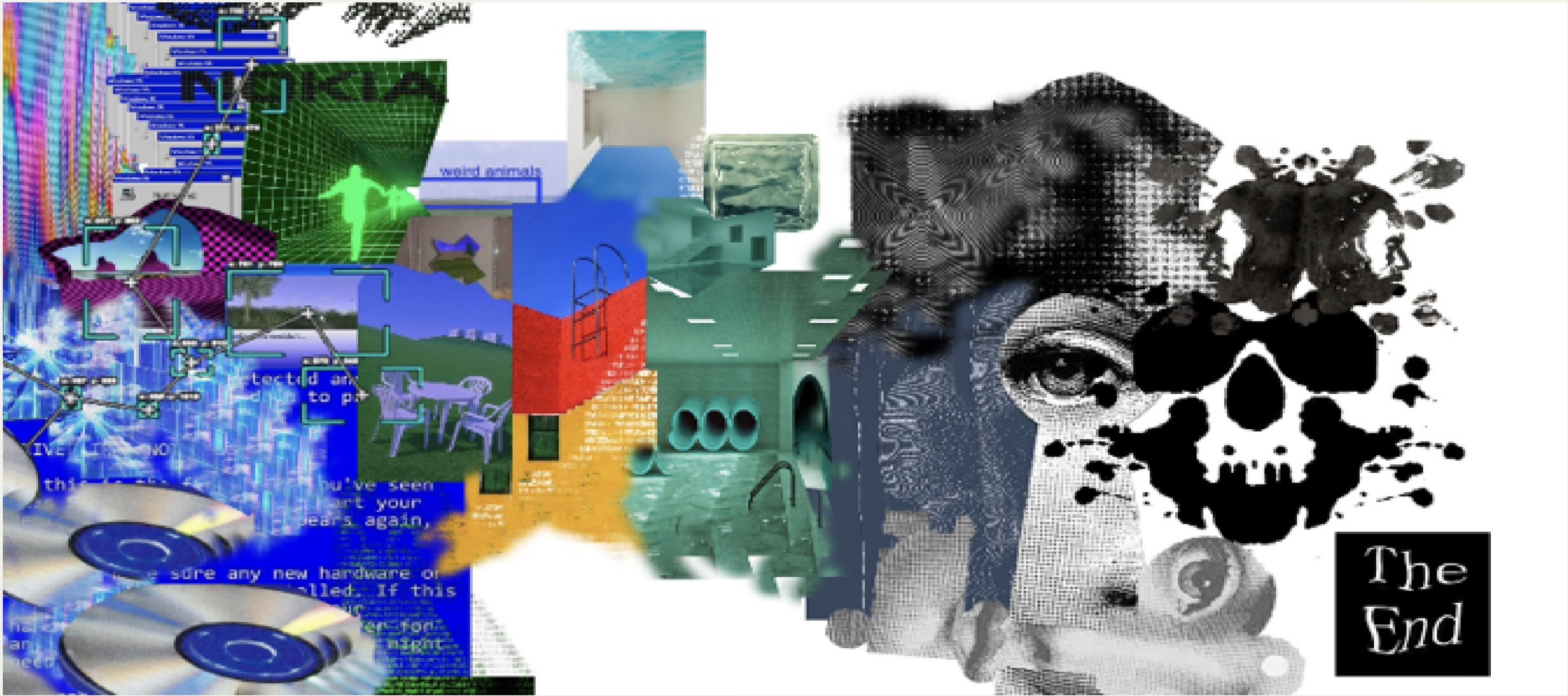 Moodboard collage: pixelated desktop windows, CDs, green 3D figures, weirdcore pools and corridors, a Rorschach-like black stain with a skull, an eye and the words The End.