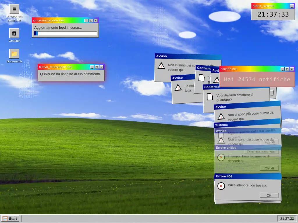 The Windows XP hills covered by a cascade of grey error dialogs, loading bars and a red counter reading Hai 4253 notifiche.