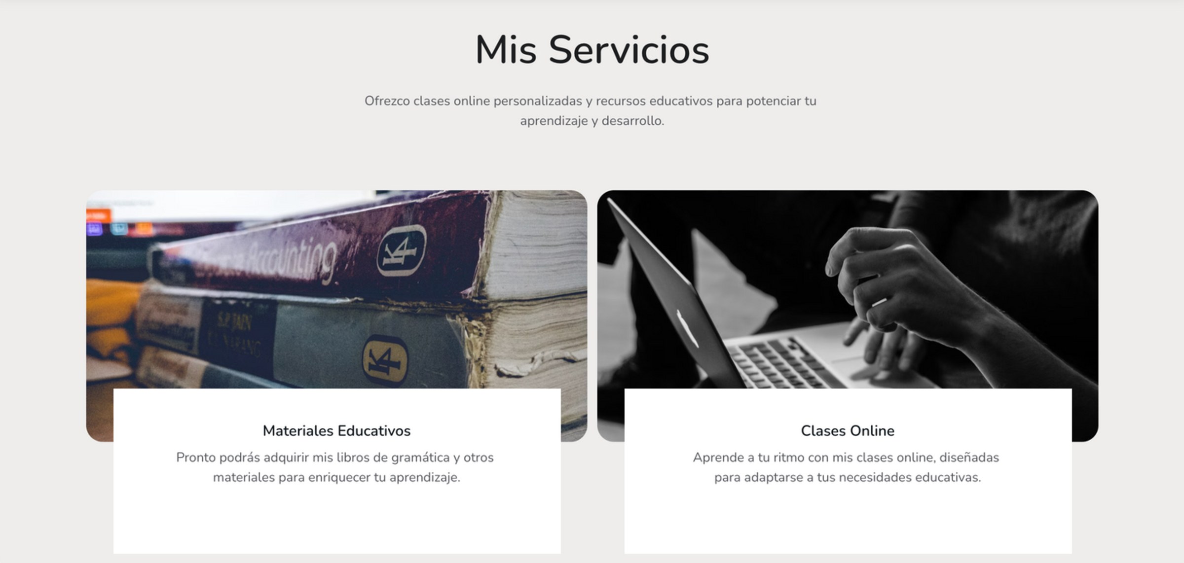 Old services section, Mis servicios: two cards, Materiales educativos and Clases online, with stock photos of books and a laptop.