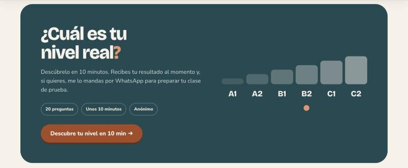 The level test section: Cuál es tu nivel real? A ten-minute anonymous test with 20 questions, with bars from A1 to C2.
